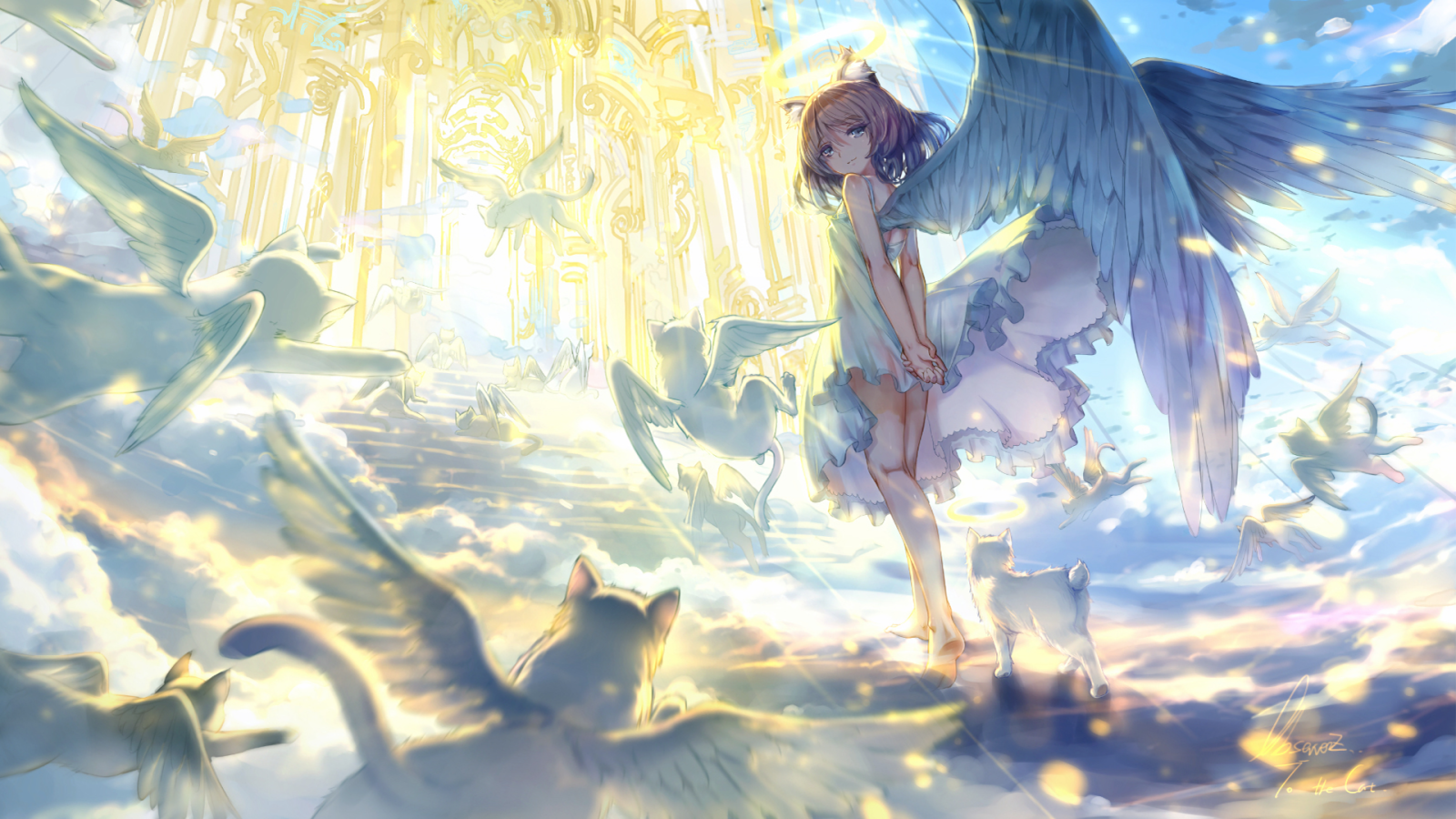 the artwork depicts a young anime girl with large, light blue angel wings. she's wearing a light blue, flowy dress and has long, light brown hair. she stands amidst a breathtaking celestial scene filled with fluffy white clouds and numerous small, winged cats that appear to be floating or flying around her.  a grand, golden, archwaylike structure, reminiscent of a heavenly gate, is visible in the background, bathed in bright, golden light. the overall style is soft, ethereal, and dreamlike, emphasizing a serene and peaceful atmosphere. the girl's expression is calm and gentle, adding to the peaceful and magical feeling of the piece. the image is rich in detail and saturated with soft, warm colors, contributing to its overall dreamy, fantasylike aesthetic.