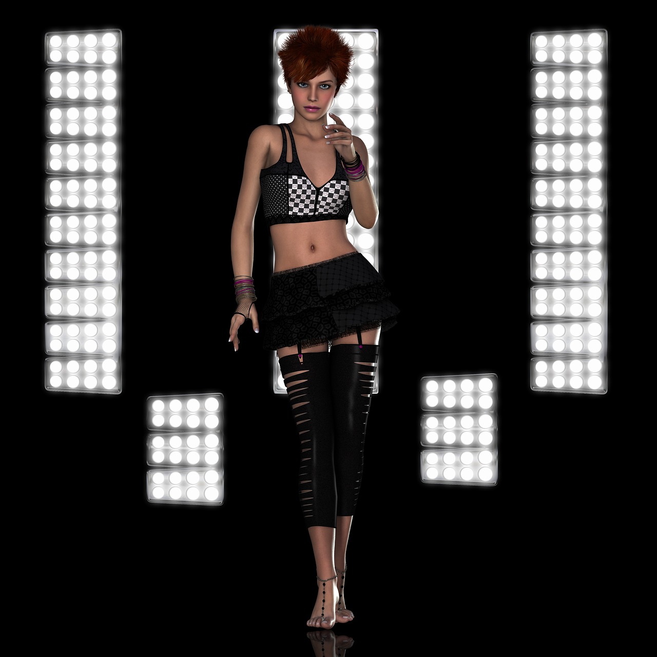 a fulllength image of a woman with short auburn hair standing against a black background, illuminated by a grid of bright lights on either side and behind her. she is wearing a black and white checkered crop top, a black mini skirt with ruffles, black leggings with cutout details, and beaded sandals. she is wearing colorful bracelets on her wrists and has one hand raised towards the camera, pointing her finger.