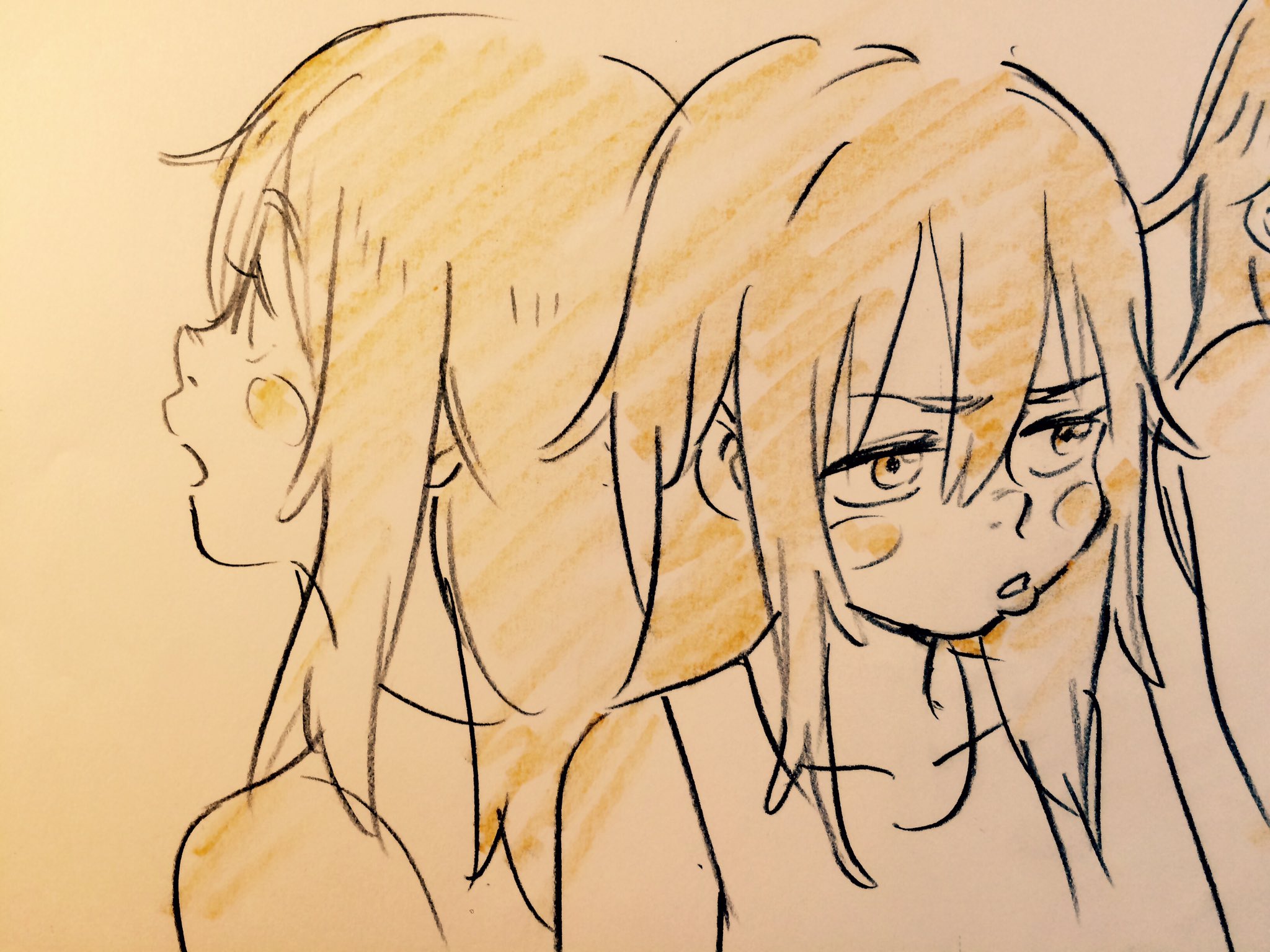 this is a softly lit closeup anime sketch of two girls in profile. the girl in the back is facing left with a surprised expression. the girl in the front has her head turned to the viewer, looking unimpressed. the lines of the sketch are black and there is light brown shading on their hair and faces.