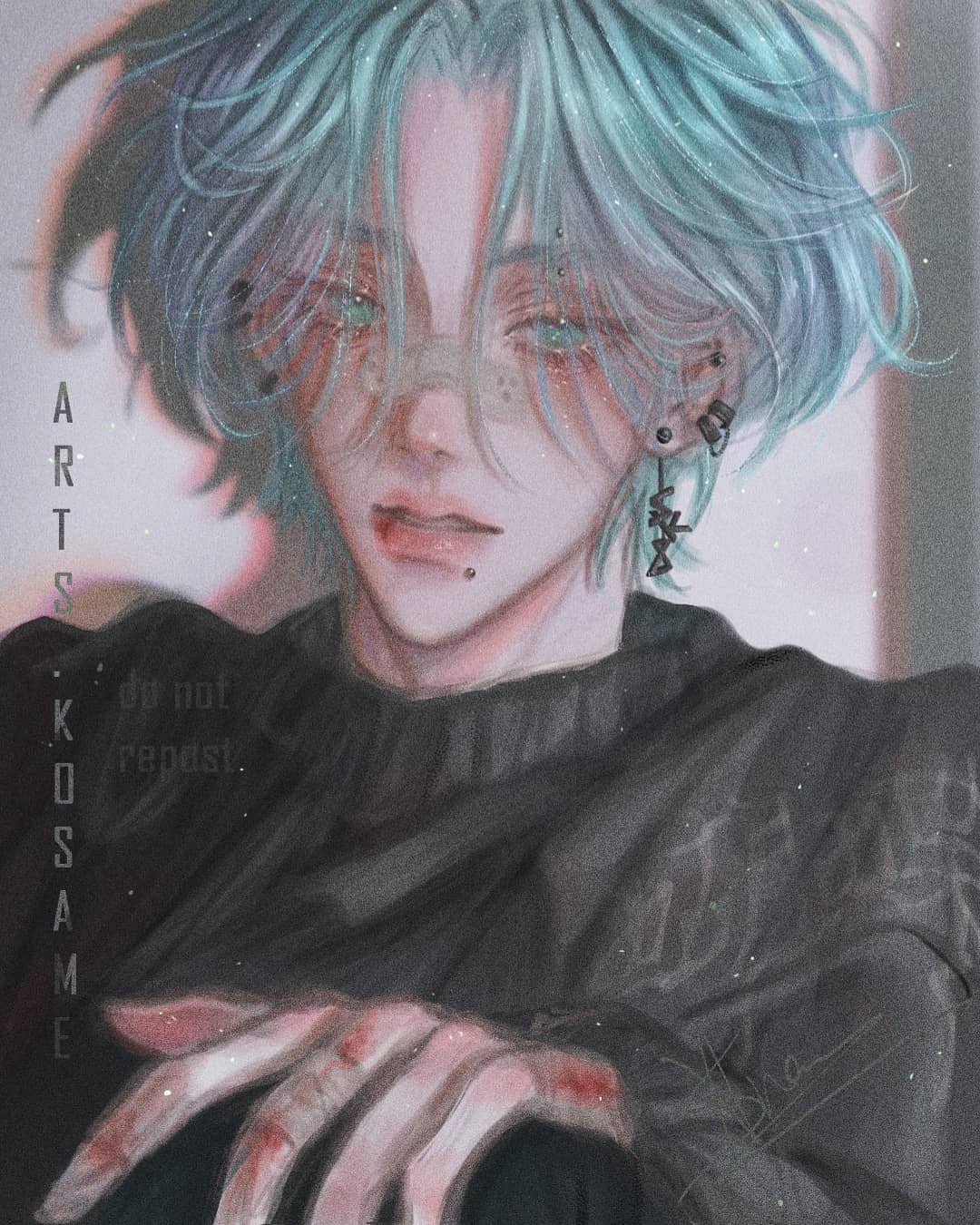 the image is a digital painting or illustration in an anime style. it depicts a closeup portrait of a young man with short, tealcolored hair styled with bangs. he has pale skin, freckles, and expressive eyes. he wears glasses and several small piercings, including earrings. his clothing consists of a black turtleneck sweater. the overall style is artistic and stylish, blending soft and grunge elements. the artist's signature, "kosame," is subtly visible. the background is muted and indistinct, focusing attention on the subject. the artwork conveys a moody yet aesthetically pleasing atmosphere. the hands are shown prominently, adding detail to the composition.