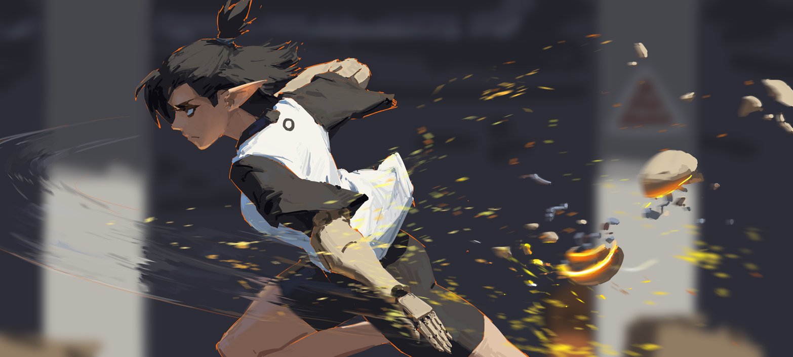 the image is a dynamic digital illustration of an animestyle female character running at high speed.  she appears to be a cyborg, possessing a robotic arm. her motion is blurred, creating a sense of speed and energy, with particles and debris flying around her, suggesting an explosion or powerful energy release. she wears a white shirt and black jacket, with her dark hair tied in a ponytail. her elflike ears are visible. the background is blurred, suggesting an urban or industrial setting. the overall style is vibrant and intense, capturing a moment of powerful action.