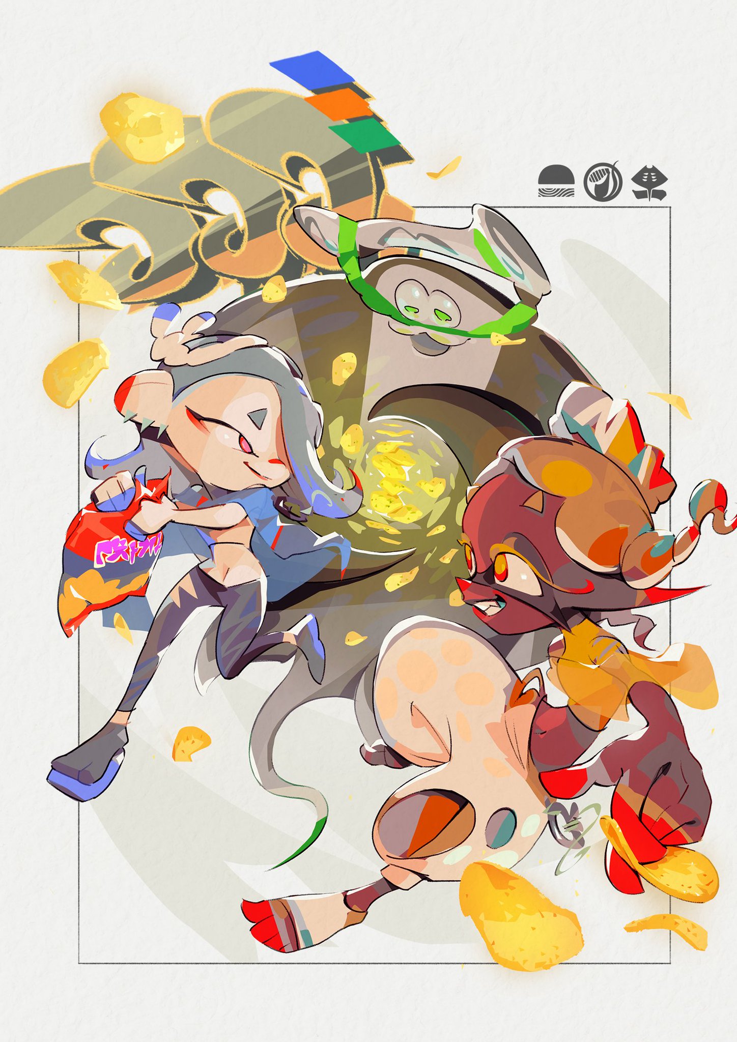 the image depicts a lively splatfest scene with marie and callie, the members of off the hook, engaged in a playful battle against dj octavio. they're surrounded by a vibrant, chaotic energy, highlighted by flying chips and the dynamic movement of the characters. the image showcases a tilted perspective, adding to the actionpacked atmosphere.