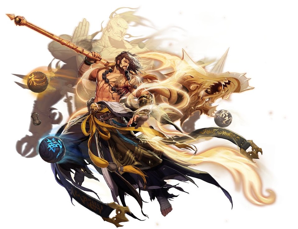 this image depicts a male anime character, a monk warrior wielding a golden staff. he is surrounded by flames and golden dragonlike designs. the image is stylized and rendered digitally, with a focus on action and fantasy elements.