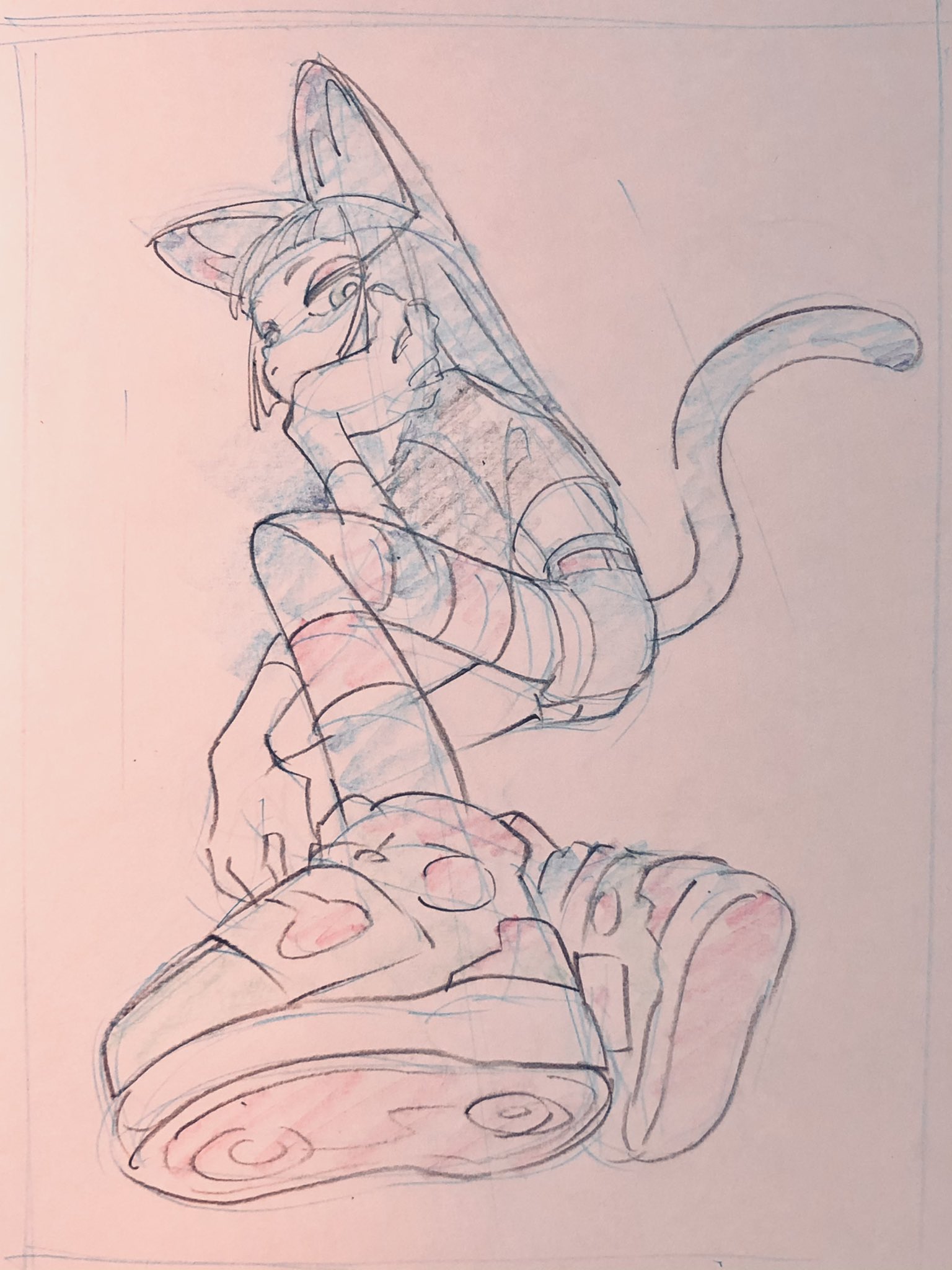 the image is a sketch of a catgirl. she is sitting on the floor and wearing striped thigh highs and sneakers. her left hand is resting on her knee, and she has a thoughtful expression on her face. the sketch is drawn in a manga style, with large eyes and exaggerated features. the lines are fluid and expressive, and the overall effect is one of cuteness and whimsy.
