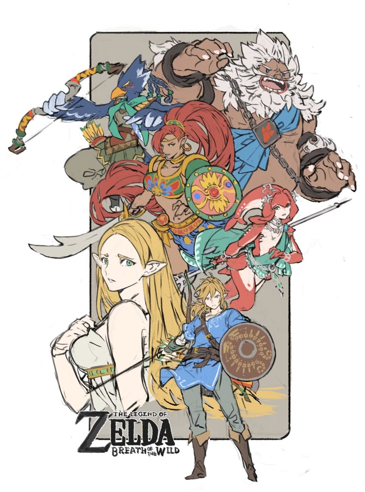 the image depicts characters from the legend of zelda: breath of the wild. from top to bottom and left to right, the image shows revali, daruk, urbosa, mipha, zelda, and link. the background is a light gray color. the title "the legend of zelda: breath of the wild" is written at the bottom of the image.