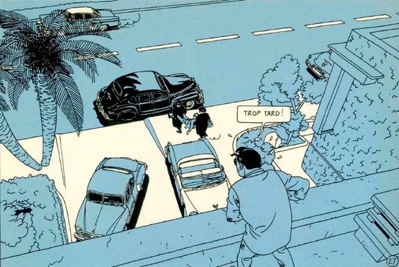 a comic book scene with a man running past a building and a woman.  he has a thought bubble that says "too late" in french.  the cityscape is blue, white, and black.  there is a palm tree and two cars in the background.