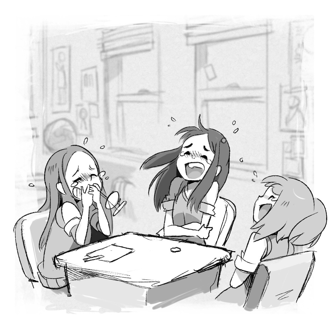 three girls are sitting at a desk laughing hysterically. the image is drawn in a manga/anime style and is not in color. it looks like it takes place in a classroom, with various items able to be made out in the background.