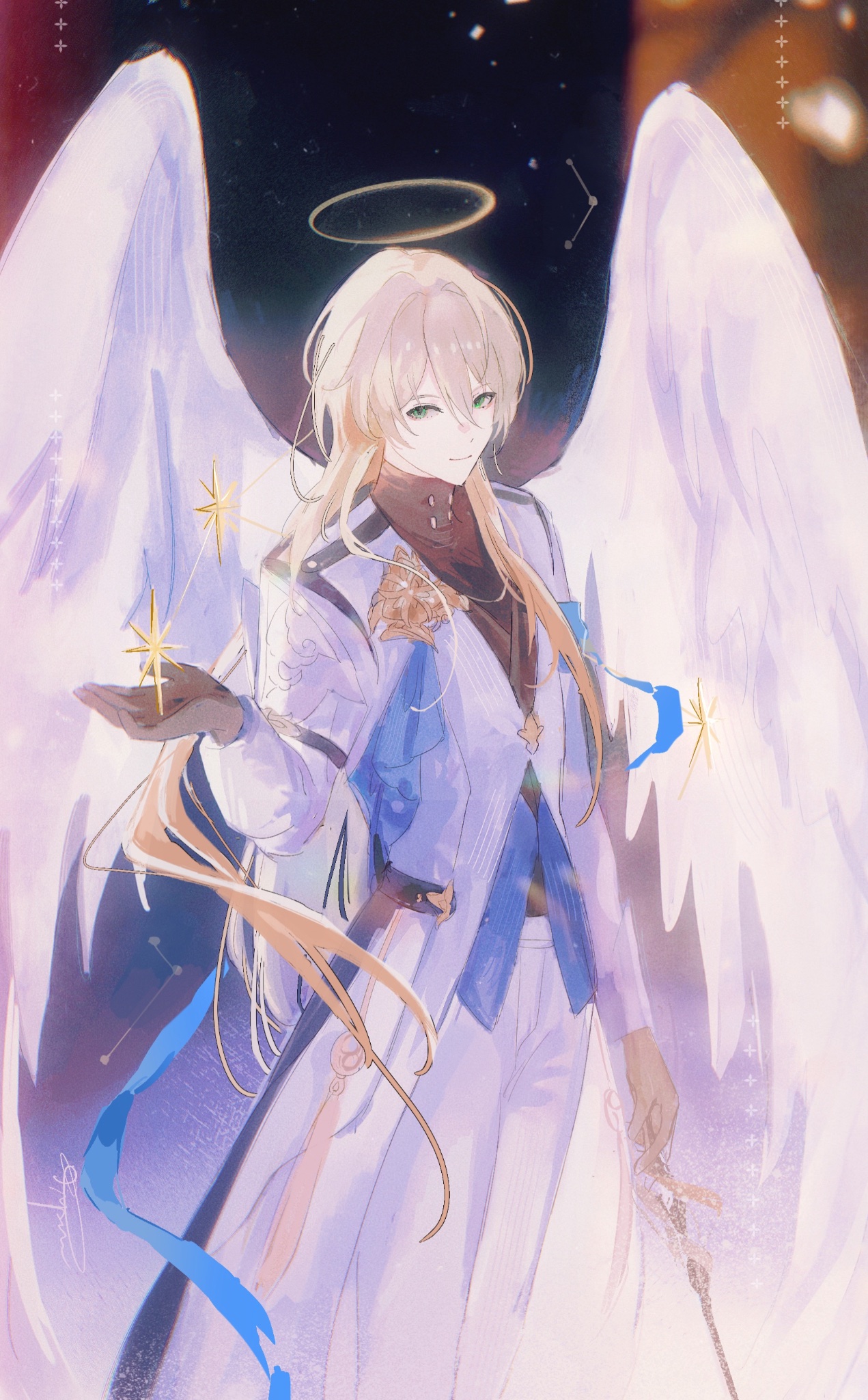 the image shows a young, handsome anime male with white hair and blue eyes. he is dressed in a white suit and has large, white angel wings. he has a halo above his head and is surrounded by sparkling light and stars. he looks down with a gentle expression, his eyes are closed, and his lips are parted in a slight smile. he holds a staff in his hand that has a sparkling star at its tip.  the image is rendered in a soft, ethereal style and evokes a sense of wonder and magic.