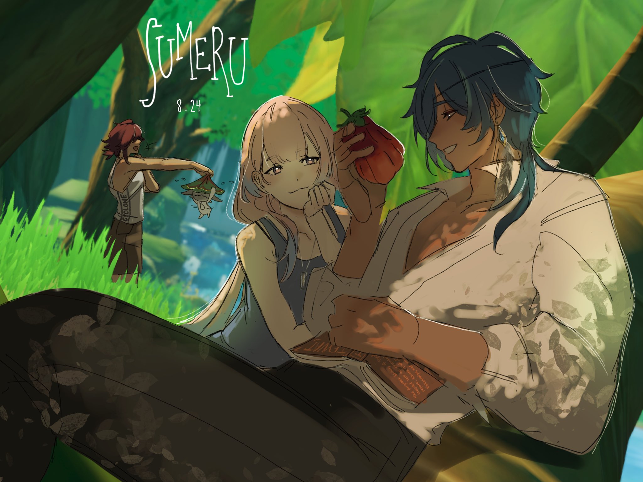 an anime illustration of genshin impact characters   collei, cyno and tighnari in sumeru. cyno is holding up a red fruit while looking at collei who's smiling at him. tighnari is in the background collecting some herbs. they are framed by the lush greenery of sumeru.