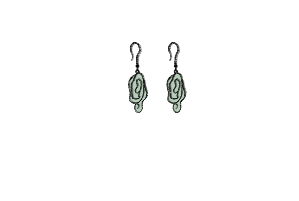 two dangle earrings with a greenish hue and metal hooks are pictured. the earrings have a decorative swirl design on the bottom.