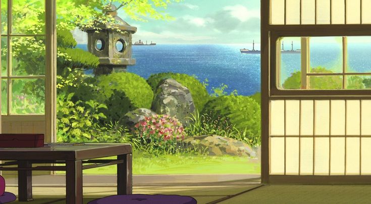 this image showcases a traditional japanese room with tatami flooring and shoji sliding doors that open up to a serene garden overlooking the sea. lush greenery frames a view of the ocean where several ships sail in the distance. a stone lantern adds a touch of traditional charm to the garden, while a low table inside suggests a space for peaceful contemplation. the scene is bathed in the warm sunlight of a clear day.
