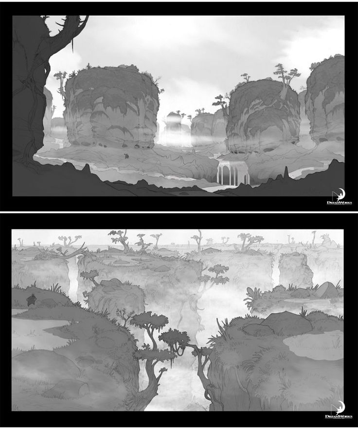 the image shows two black and white landscape illustrations, likely concept art, possibly from dreamworks. the top illustration depicts a valley with towering rock formations resembling cliffs or mesas, adorned with trees. a light mist or fog hangs in the air, with what appears to be an arched structure or waterfall in the distance. the bottom illustration presents a similar landscape, showing a canyon with cliffs, trees, and vegetation. fog or mist obscures parts of the landscape, creating depth. both illustrations have a sketched style.