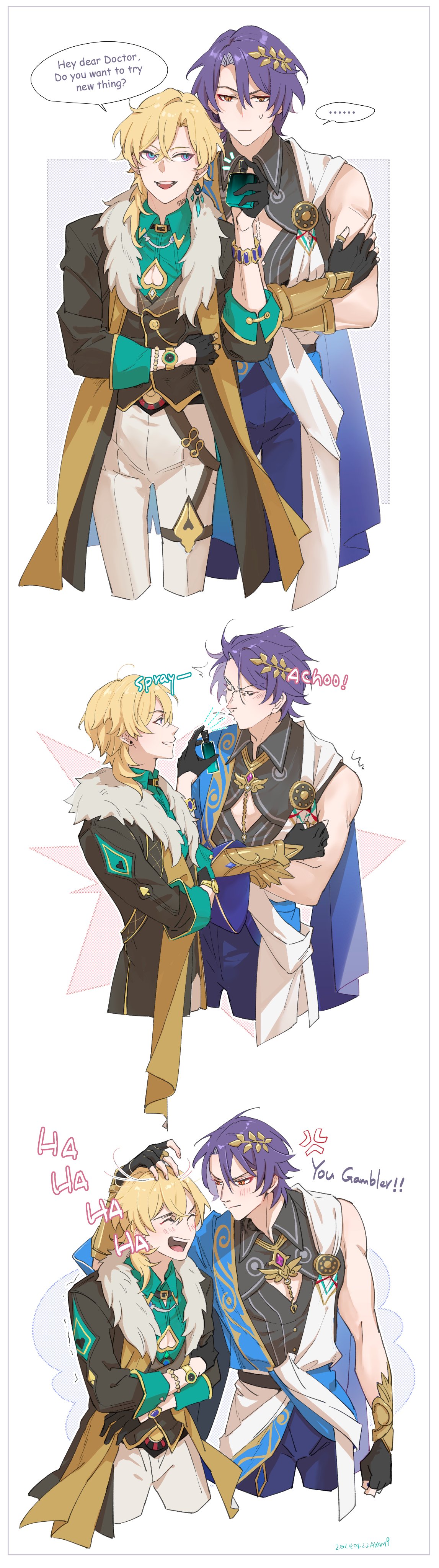 this image is an anime illustration featuring four male characters in colorful outfits.  the three at the top are shown as pairs, with the blonde character on the left and the purplehaired character on the right. the bottom two are shown sidebyside, with the blonde character on the left and the purplehaired character on the right. the blonde characters are all smiling and laughing, while the purplehaired characters all have neutral expressions. they all appear to be enjoying themselves.