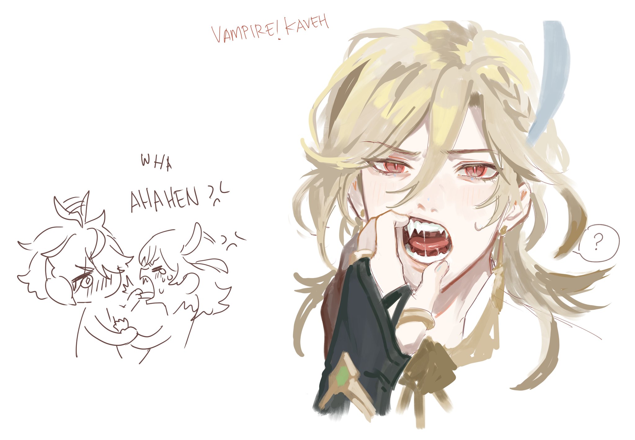 the image is a fanart depicting kaveh from genshin impact as a vampire.  on the right is a detailed, stylized portrait of kaveh with red eyes and fangs, his hand playfully touching his mouth.  to the left, there's a smaller, chibistyle sketch showing two characters, likely alhaitham and kaveh, with one seeming scared and the other amused, implying the context of the vampire kaveh.  the overall style is soft and light, but the vampire element adds a slightly spooky touch.  text on the image includes "vampire! kaveh," "wha ahahen?" and a question mark in a speech bubble.