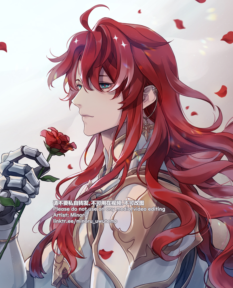 this is a digital illustration of a handsome anime character with long flowing red hair, holding a red rose. the background is a soft, dreamy, pink and white, giving the image a romantic feel. the character is looking to the side, with a thoughtful expression on his face. the details of the art are meticulous, from the character's clothing to the intricate details of the rose. the overall style of the illustration is soft and romantic, creating a dreamy atmosphere.