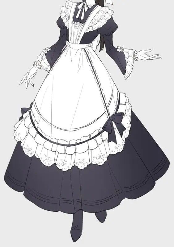 the image shows a drawing of a black and white maid dress with ruffles and a bow. the dress has a long skirt and a white apron with a ruffled collar. the drawing is in black and white, with some shading to indicate depth and detail.