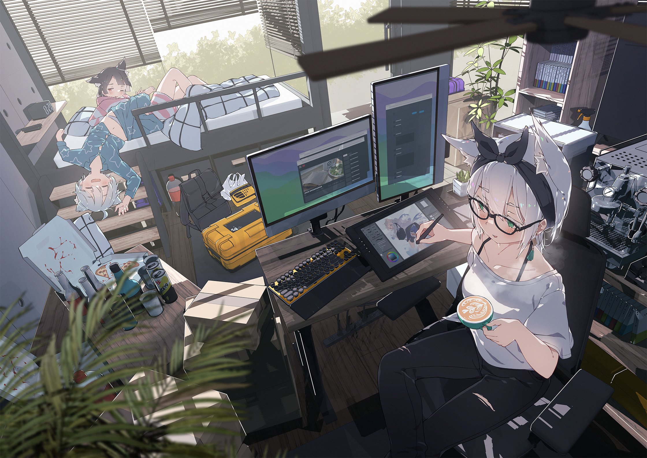 the image is a vibrant animestyle illustration depicting a young female artist working in her home studio.  she's seated at a desk cluttered with technology: multiple computer monitors showing digital artwork and design programs, a drawing tablet, a keyboard, and a mouse.  she's wearing catear headbands and glasses and is holding a cup of coffee. her clothing consists of a white shirt and black pants.in the background, two other individuals (likely roommates) are asleep on a bunk bed.  the room is a mix of organized and disorganized, with various items scattered around including boxes, drinks, and a backpack.  plants add a touch of life to the scene, and sunlight streams in from a window. the overall style is contemporary and casual. the artist's focus and the room's arrangement contribute to a feeling of both productivity and comfort.