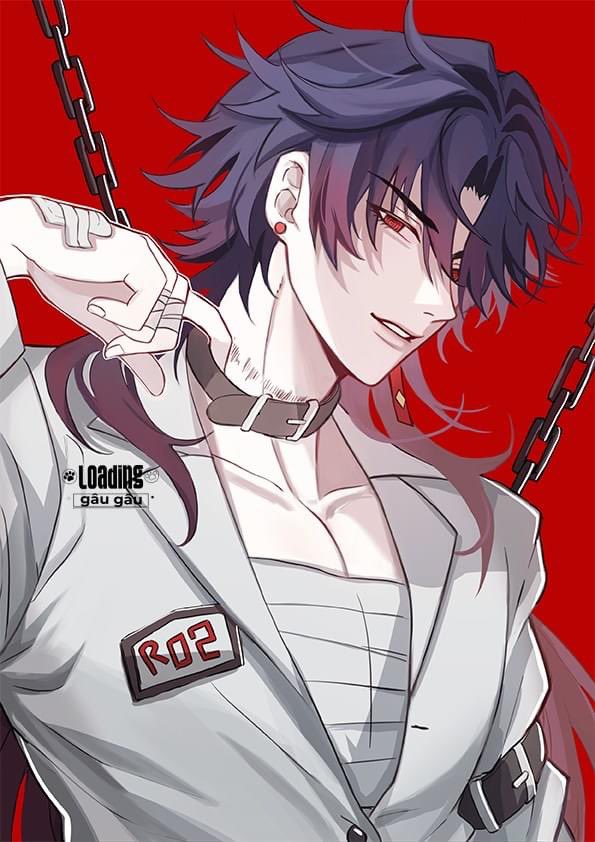 an anime character with purple hair and red eyes with a white shirt and a leather collar with a chain. he is smiling.