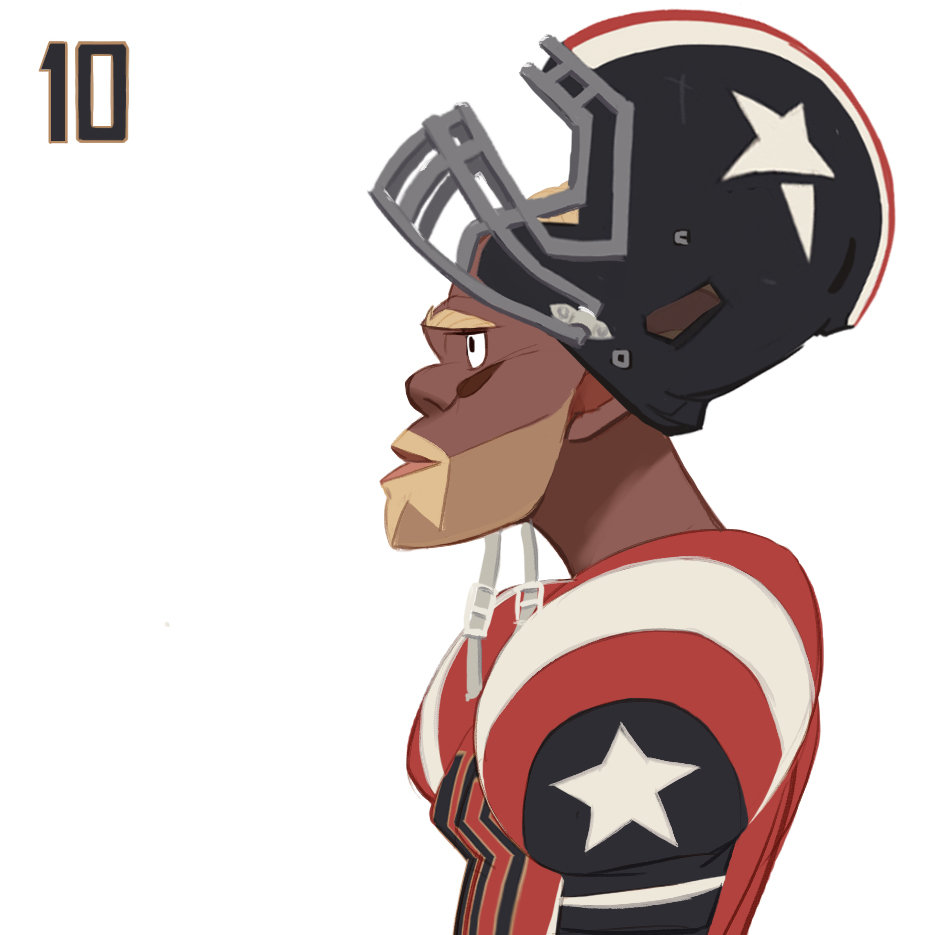the image is an illustration of a black football player wearing a red, white, and blue uniform. the player is shown in profile, wearing a helmet with a star on it. the style of the illustration is graphic and stylized.