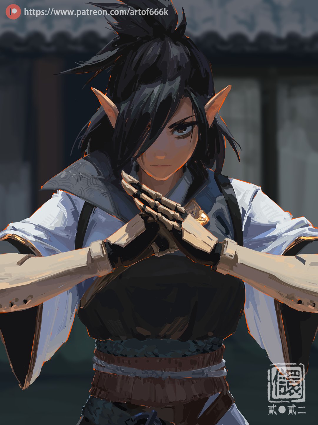 the image is a digital painting of a female elf warrior. she has dark, somewhat spiky hair pulled back in a topknot, pointy ears, and tan skin.  she's wearing a mix of clothing styles that suggest a blend of japanese and fantasy aesthetics; a dark, armored vest over a lighter colored kimonostyle top, and light colored, loosefitting outer sleeves. her arms are adorned with armored gauntlets.  her expression is serious and determined, with her hands clasped before her in a pose that suggests preparedness or meditation.  the background is blurred, showing a muted color palette of grays and browns, suggesting an outdoor setting. a watermark with asian characters is visible in the bottom right corner. the artist's patreon link is also present in the upper left corner. the overall style is painterly and evocative.