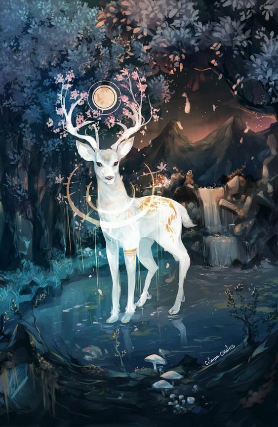 a fantasy illustration depicts a white deer standing in a forest near a lake. the deer has ornate gold markings and a glowing aura. its antlers are adorned with flowers, and a moon or celestial object hovers between them. a waterfall and mountains are visible in the background, and the forest is filled with trees, leaves, and mushrooms. the scene has a magical, ethereal, and whimsical quality.