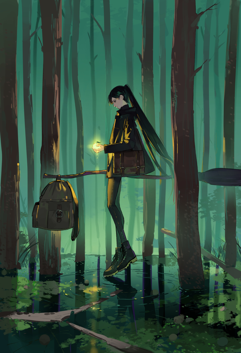 a digital illustration depicts a woman standing in a swampy forest, holding a glowing light in her hands. she is wearing a black jacket, dark pants, and boots. her long black hair is styled in a ponytail. she stands on a log in the water, with a backpack hanging from another log beside her. the forest is dense with tall, thin trees, and the water reflects the green and brown tones of the environment. the overall atmosphere is mysterious and slightly ethereal.