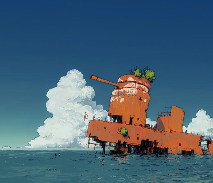 the image showcases a partially submerged, rusty shipwreck in a serene ocean setting. the ship, heavily weathered and overtaken by vegetation, dominates the foreground with its towering presence. two tiny figures can be seen interacting with the wreck, one standing atop its structure, hinting at exploration and adventure. the background features a clear blue sky adorned with fluffy white clouds, creating a sense of vastness and tranquility. the overall palette evokes a feeling of warmth and nostalgia, highlighting the beauty found in decay and the passage of time.