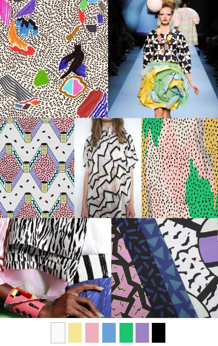 this is a collage of different fashion textile prints.  there are eight different print designs, including geometric patterns, polka dots, zebra stripes, abstract designs, and more.  there is a fashion model in the middle of the collage wearing a black and white dress with a green skirt.  the image is organized in a grid format with each print design in its own square.  there are also color swatches below the grid.