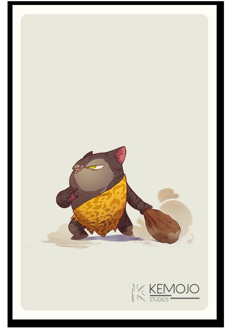 an illustration of a cartoon cat dressed as a caveman. the cat is gray with a yellow leopard print robe. it is holding a club in its right paw. the cat has a grumpy expression with one green eye visible. the background is a light beige color. at the bottom right of the image is the text "kemojo studios" with a stylized "k" symbol next to the word "kemojo".
