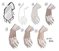 this image is a step by step tutorial on how to draw a hand. it shows the different stages of the drawing, from the initial sketch to the final shaded image.