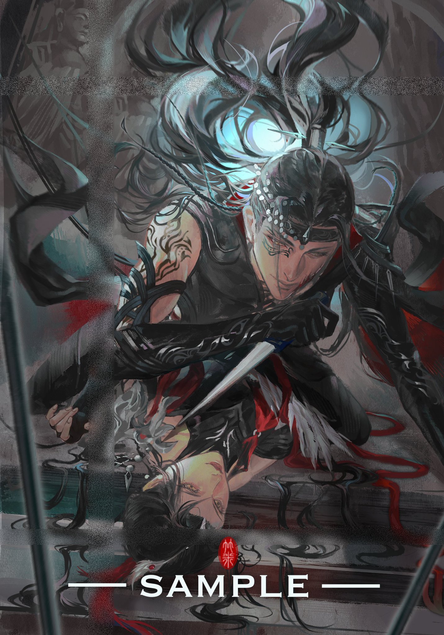 the image is an anime illustration of a fierce female warrior in a dark and mysterious battle. the warrior is clad in black and red armor, and her hair is flowing wildly in the air as she lunges forward with a sword raised. there is a fallen figure in the foreground, suggesting a fight has just taken place. the background is dark and shadowed, adding to the sense of danger and suspense.