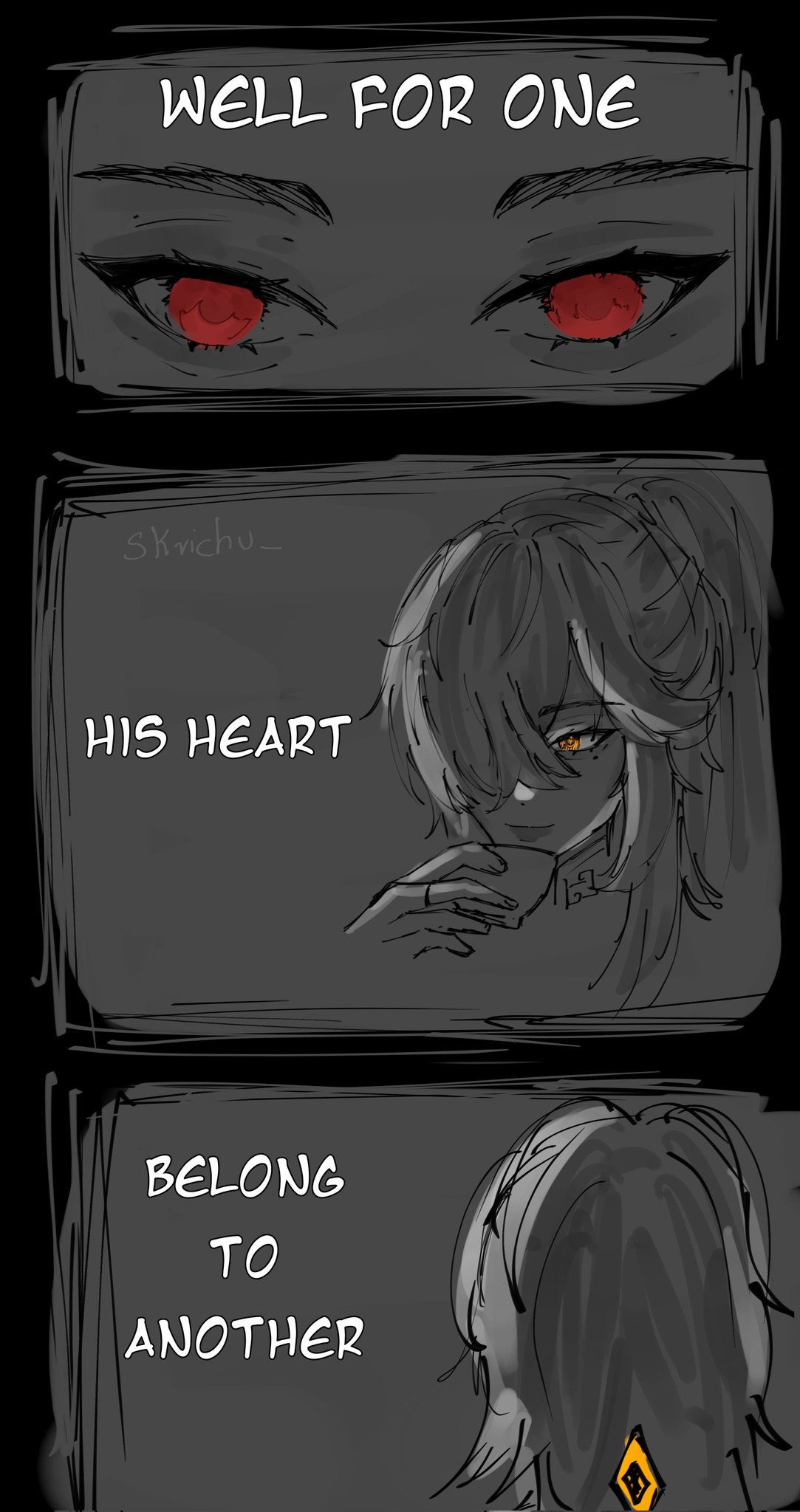 the image is a comic strip with three panels. the first panel shows a closeup of a pair of red eyes with the text "well for one" above them. the second panel shows a character with long black hair and orange eyes looking down with a sad expression. the text "his heart" is above the character. the third panel shows a character with white hair and dark clothing looking away with the text "belong to another" next to them. the comic strip is drawn in a simple style, with black and white lines. the overall tone of the comic is sad and melancholic, as it depicts a character whose heart belongs to someone else.