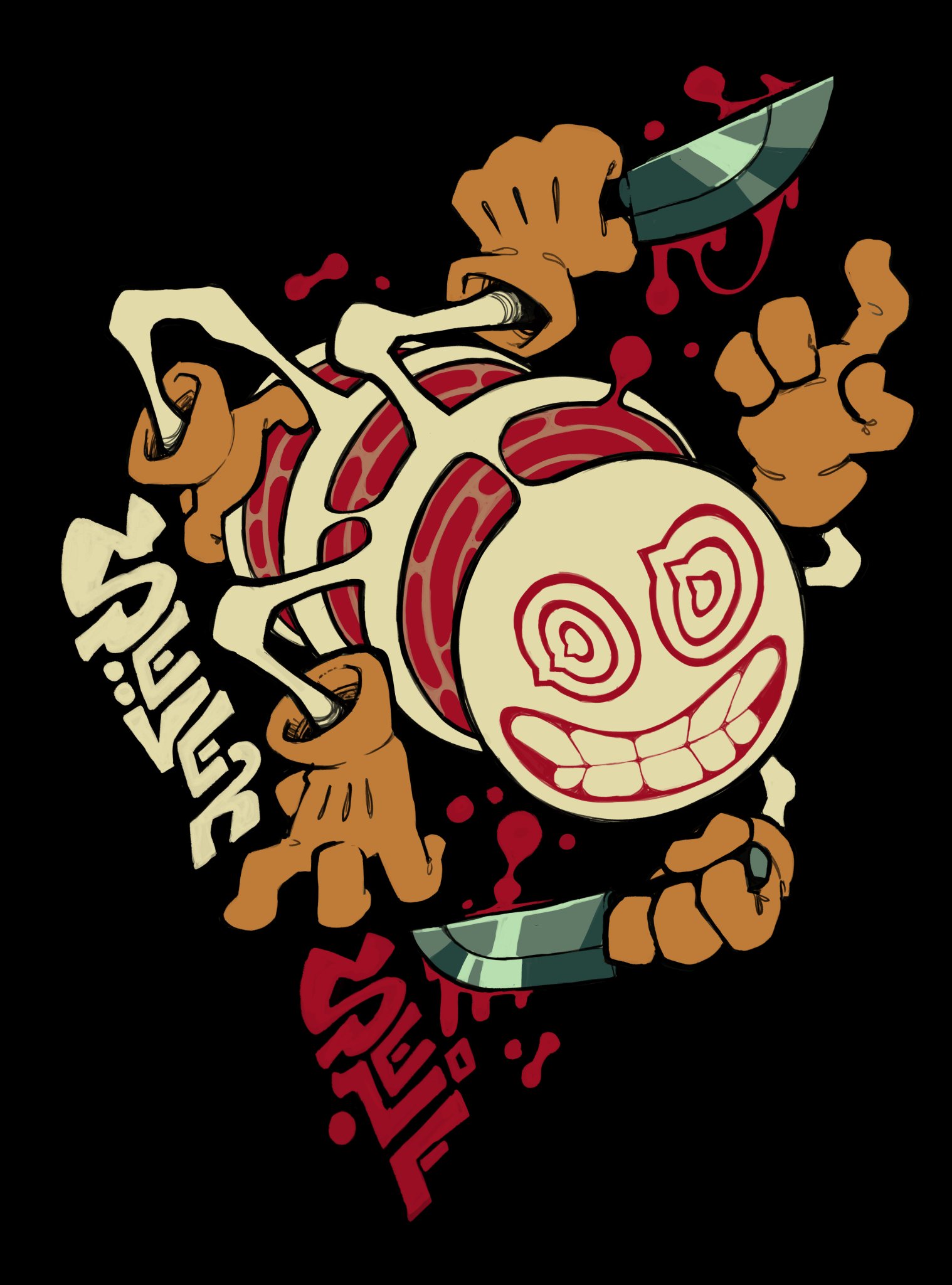 the image shows a cartoon character formed from a crosssection of meat, possibly a steak. it has a wide, manic grin with spiral eyes, and multiple arms holding bloody butcher knives. the arms seem to emerge from the meat itself. white, bonelike structures are visible within the meat.  the word "slaughter" is repeated twice in stylized graffiti lettering. the overall style is graphic and disturbing, mixing cartoon aesthetics with violent imagery.
