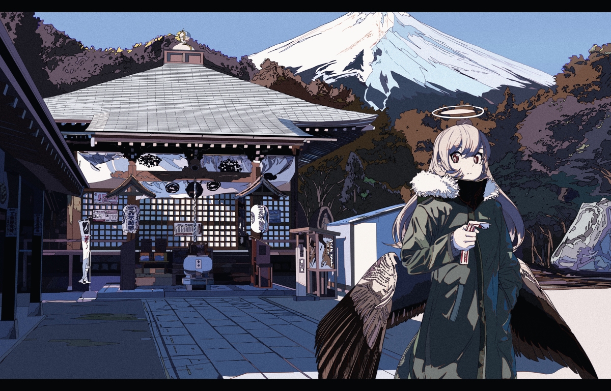 the image is a digital painting or illustration in anime style, depicting an anime girl with angel wings standing in front of a japanese temple.  the girl has long light brown hair, wears a dark green parkastyle coat with a furlined hood, and has a halo above her head. she appears to be holding something small in her hands. behind her is a traditional japanese temple with a grey tiled roof, and in the background, the iconic mount fuji is visible, capped with snow. the surrounding landscape is filled with dark green and brown trees, suggesting a winter setting. the overall mood is peaceful and serene, with a touch of fantasy or mysticism.  the artwork blends realistic elements of the landscape with the stylized features of the anime character.