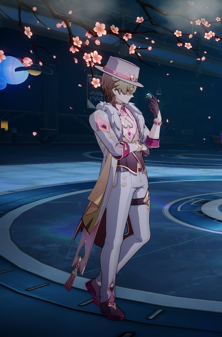 this is a digital art of a male character from the game genshin impact.  he is dressed in a white suit with pink accents and has a hat on. he is standing in a circular area and there are cherry blossoms falling around him. the character has a slight magical aura about him.