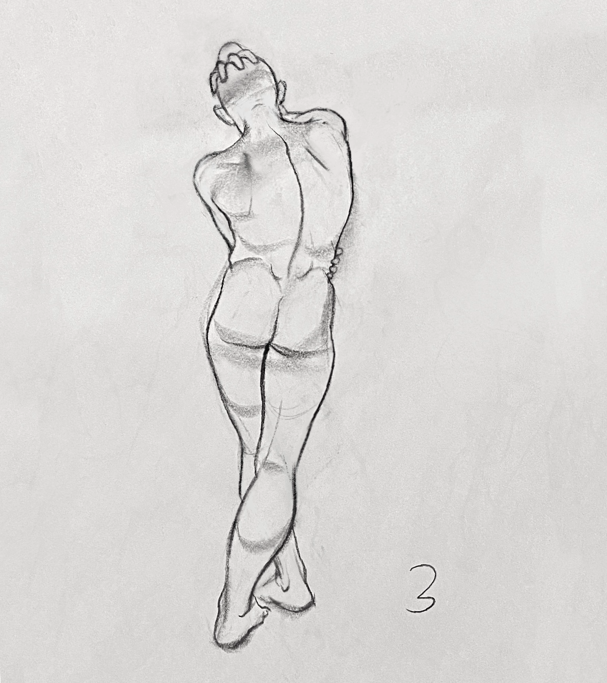 this is a figure drawing of a nude male model. the drawing is done in charcoal on paper and shows the model in a standing pose, with his back to the viewer. the artist has captured the model's anatomy and form with strong lines and subtle shading. the drawing is dynamic and expressive, conveying the model's pose and the flow of his muscles. it is a beautiful example of figure drawing that is both accurate and artistic.