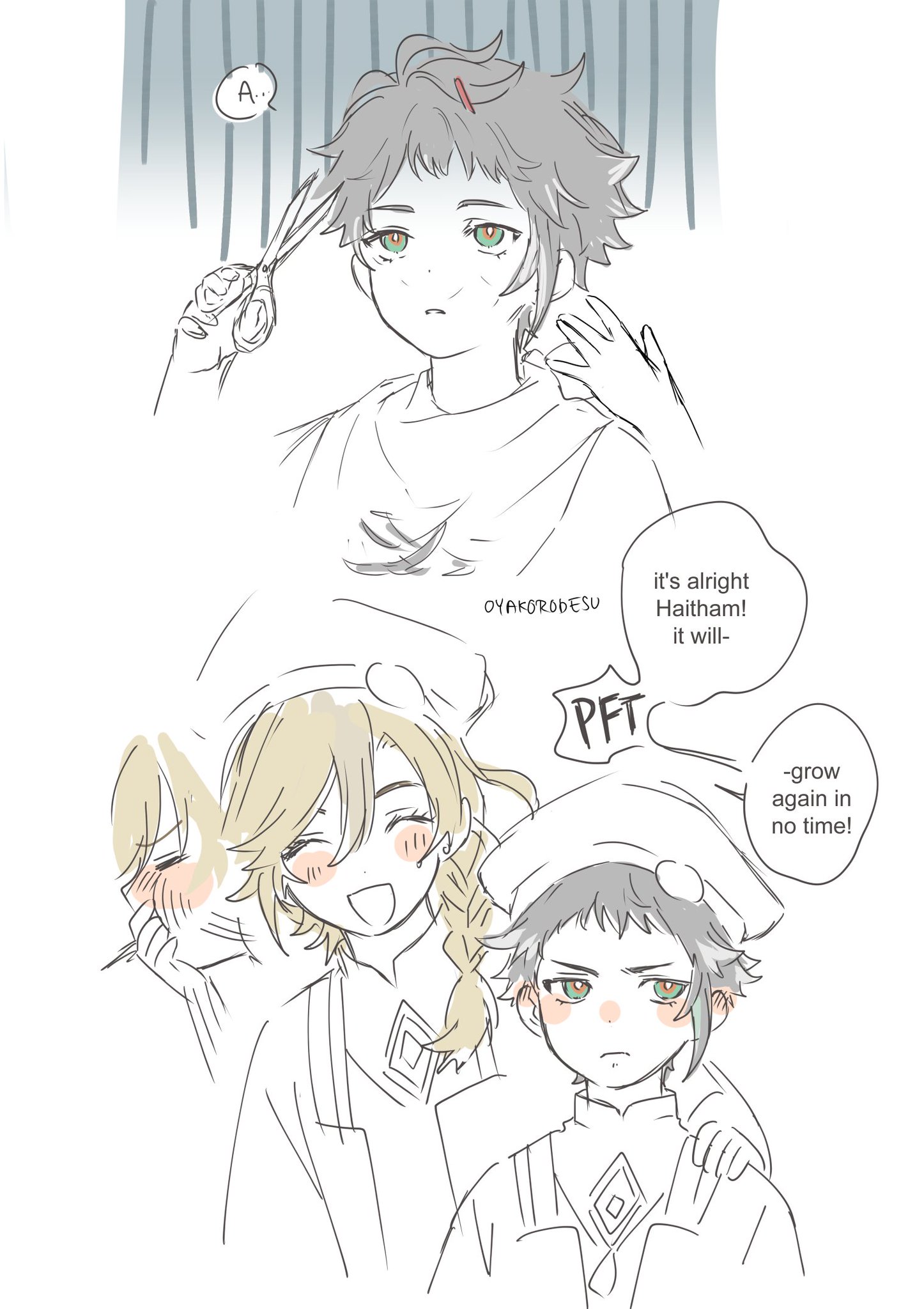 this is a fanart illustration from the popular game genshin impact. it features the characters haitham and kaveh in a humorous scenario where haitham is getting his hair cut by kaveh. the image is drawn in a manga style, with expressive characters and lighthearted dialogue. kaveh is shown cutting haitham's hair with scissors, while haitham appears to be getting a bit flustered and surprised. the overall tone of the illustration is comedic and playful, reflecting the characters' dynamic and the lighthearted nature of the scene.