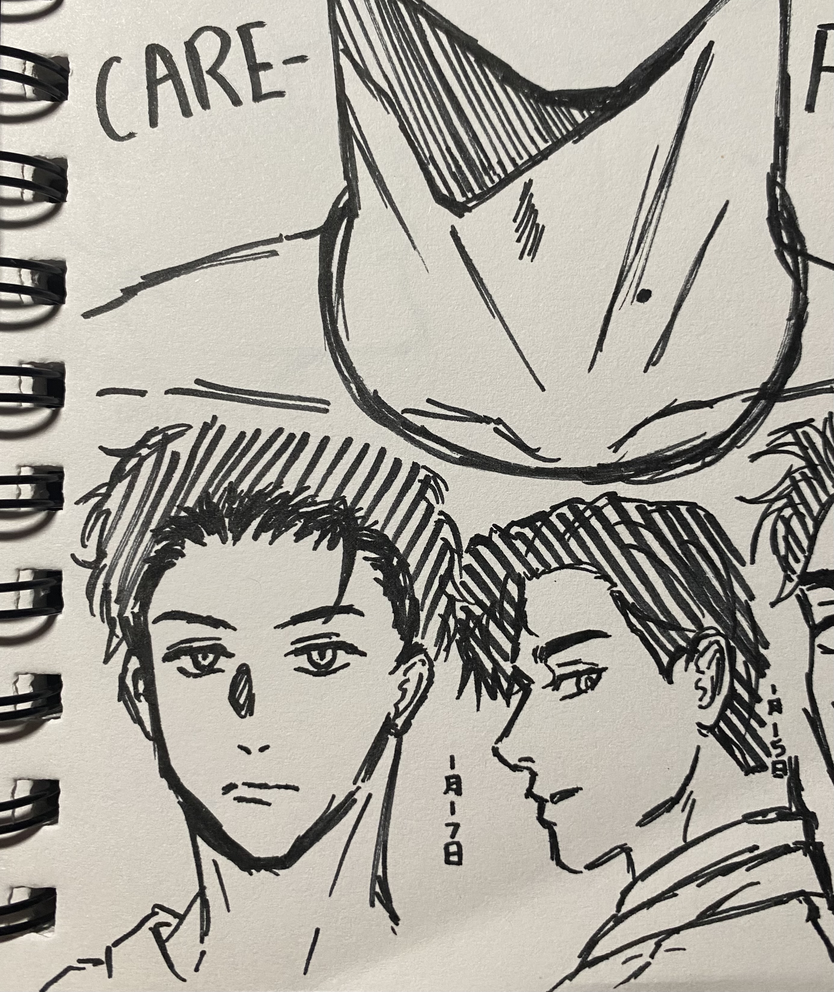 the image shows a page from a sketchbook featuring ink drawings.  the prominent element is a pair of male portraits drawn in a style reminiscent of anime or manga. the characters have distinct facial features and hairstyles rendered with crosshatching and shading techniques.  above them, there’s a larger, less detailed sketch of what looks like a hooded figure or a piece of clothing. the word "care" is written at the top left corner. the overall style is expressive and slightly rough, typical of a quick sketch rather than a finished piece. the artist's signature or a tag appears next to each of the two portraits.