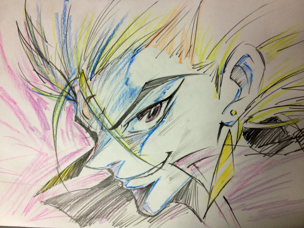 this is a dynamic, colorful sketch of a man's face. the style is reminiscent of anime and manga. the drawing emphasizes dramatic lighting and sharp angles to create a sense of intensity and movement. the man has spiky blond hair with yellow highlights, piercing eyes, and a confident smirk. the use of colored pencils adds depth and vibrancy to the image.