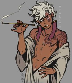 a shirtless, darkskinned man with white hair, an eyepatch, and tribal markings is smoking a cigarette.  he's holding it with his left hand and has his right hand tucked in the front of his robe.