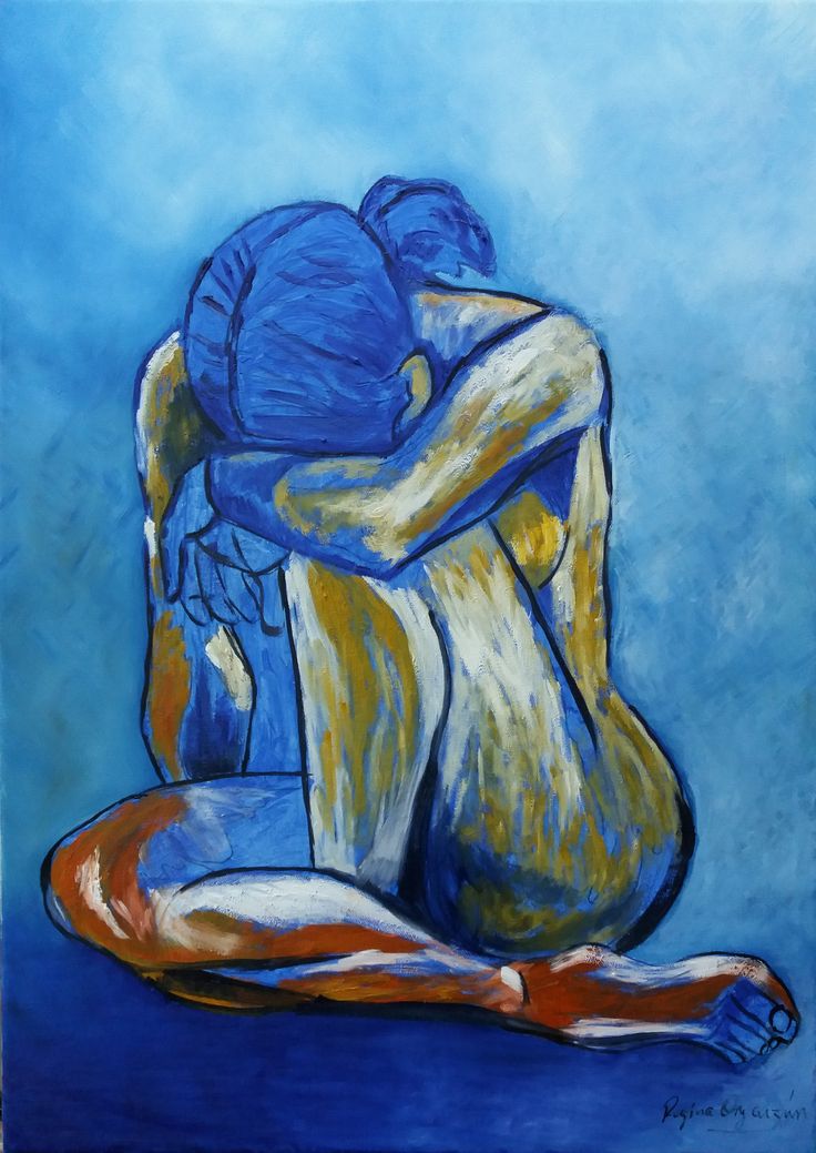 this painting depicts a female nude figure sitting in a hunchedover pose, with her head bowed and her arms wrapped around her knees. the figure is rendered in a bold, expressive style, with thick brushstrokes creating a sense of movement and emotion. the painting is dominated by shades of blue, with touches of yellow and orange. the overall effect is one of sadness and introspection, suggesting a sense of loneliness or isolation. the painting is likely abstract or expressionist in style, focusing on capturing the emotion and essence of the subject rather than striving for photographic realism.