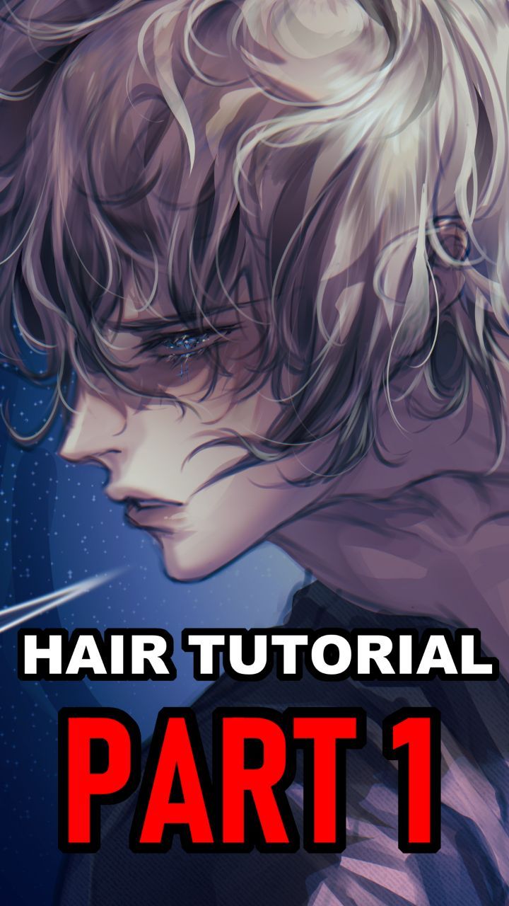 the image showcases a closeup portrait of an animestyle male character with long, flowing purple and white hair.  the art style is highly detailed, focusing particularly on the texture and shading of the hair. the background is a dark, starry blue.  large text overlayed on the image proclaims "hair tutorial part 1," indicating that this is the first part of a tutorial on how to draw or paint hair in a similar style.  the character's expression is somewhat melancholic, with intense eyes. the overall aesthetic is dark, moody, and artistic.