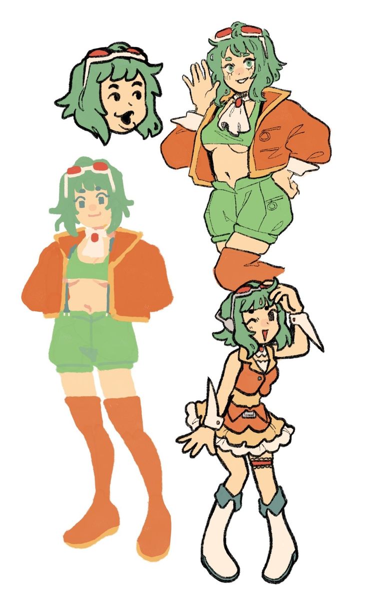 the image is of a girl with green hair and orange clothes. she has a white shirt, orange jacket, green shorts, and orange boots. she is smiling and looking happy. the background is white.