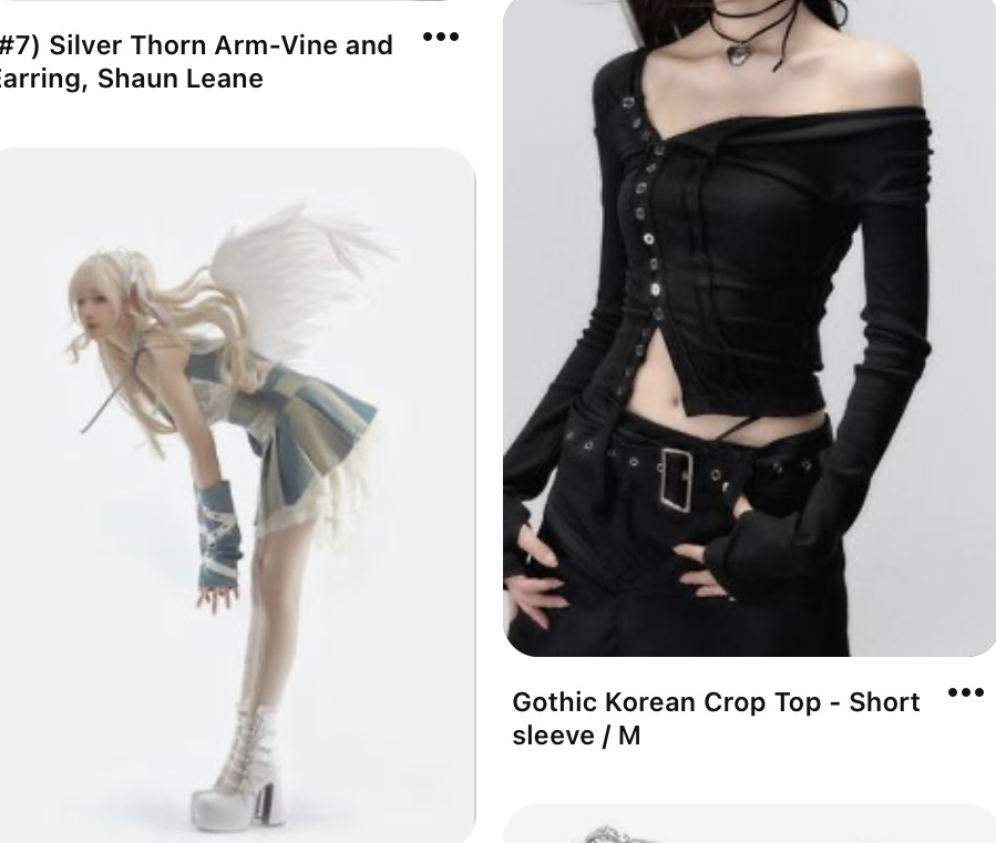 the image features two distinct fashion styles presented sidebyside. on the left, a woman poses in an elaborate, angelic cosplay outfit. she wears a white and blue dress with wings, thighhigh white boots, and intricate armvine accessories.  on the right, a different woman models a sleek black gothic korean crop top with long sleeves and a front button closure. she pairs it with a black skirt, revealing her midriff. the contrasting styles offer a glimpse into different fashion subcultures.