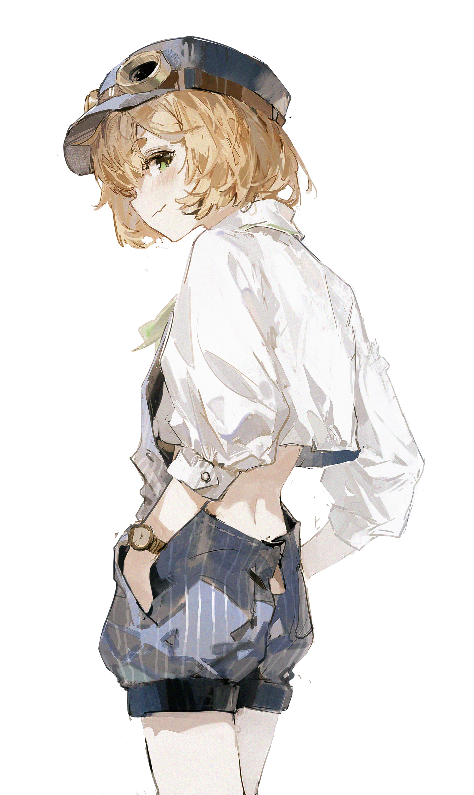 the image showcases a digital painting of a charming anime girl. she possesses short, blonde hair, and is adorned with a stylish aviator cap featuring goggles. her attire consists of a white cropped shirt and striped overalls styled as shorts, complemented by a wristwatch. the artwork is rendered in a soft watercolor style, typical of manga illustrations, and exhibits a light color palette, giving her a cute and approachable look. the girl is depicted in a side profile, adding a touch of mystique.