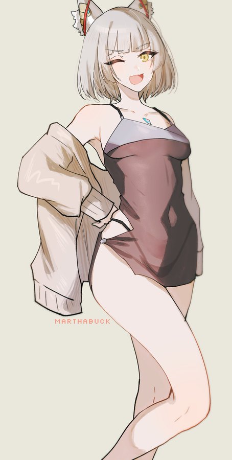 an anime girl with white hair and yellow eyes wearing a brown dress and a white cardigan smiles as she winks at the camera. she's standing in a white background. the art style is digital and features simple lines and colors. the girl's name is martha buck.