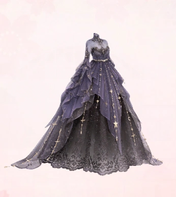 the image shows a drawing of a long, flowing black dress adorned with silver stars and intricate lace. the dress has long sleeves, a flowing skirt, and a delicate, sparkly train. the overall design is elegant and evokes a starry night sky.