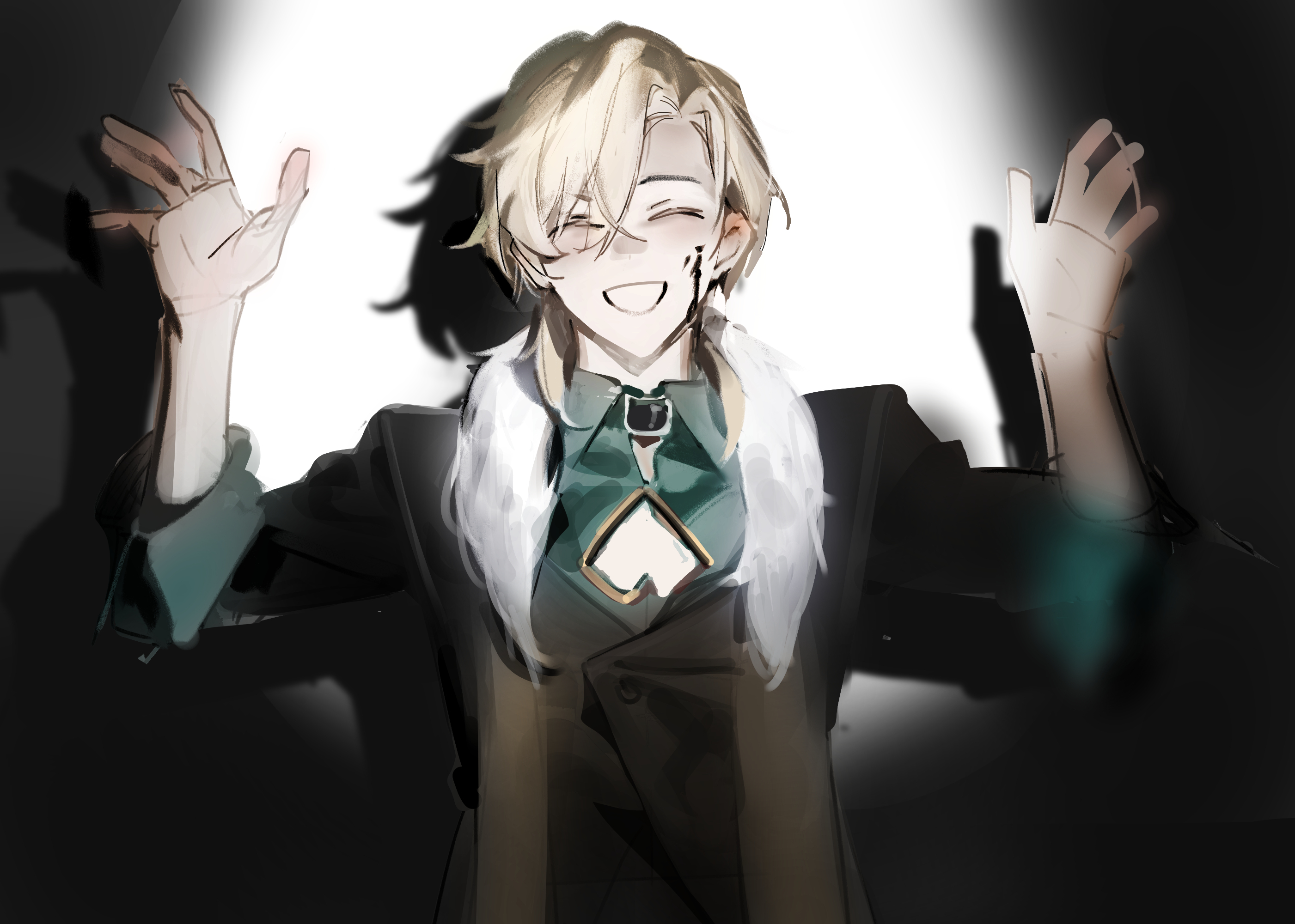this is a digital illustration of a male anime character. he has blonde hair and is wearing a black suit jacket with a white fur collar, a green shirt, and a gold tie. he is smiling and has his arms raised as if he is about to give a hug. he is standing in front of a bright light. the background is a dark shadow. the overall style of the illustration is a mixture of manga and anime.