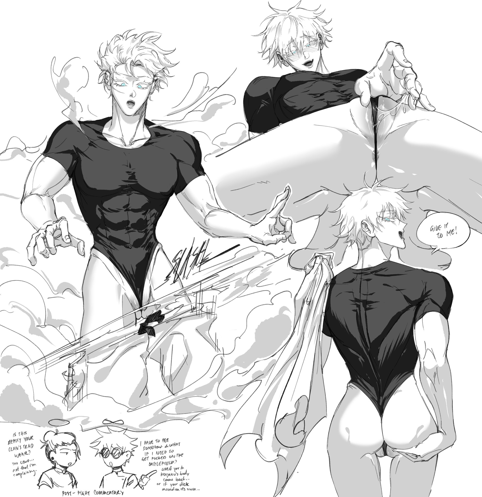 he image is a dynamic mangastyle illustration featuring three male figures. the central figure is a muscular man with white hair, wearing a black leotardstyle swimsuit. he's depicted in a powerful pose, seeming to generate a cloud of smoke or energy. the other two figures, also with white hair, are positioned in a way that suggests interaction and narrative. one is draped over a surface, and the other is positioned behind the central figure, with their hands near the central figure's back, implying a potential interaction or narrative progression. text bubbles with dialogue appear around the figures. the overall style is expressive, using strong lines and shading to emphasize the characters' bodies and emotions. the image is likely fanart given the style and lack of official branding.