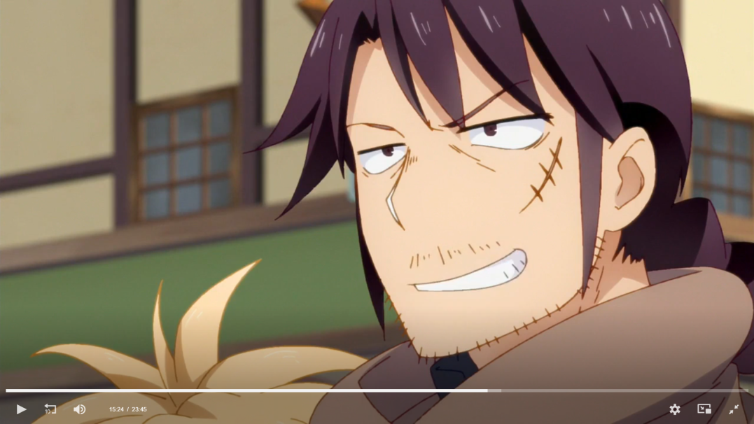 a closeup shot of an anime character's face. the character has dark purple hair, brown eyes, and a scar across his face. he is smiling and appears to be smirking.
